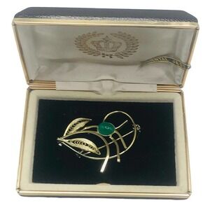 Vintage Genuine Oriental Jade Leaf Pin Brooch Gold Tone Tag Box